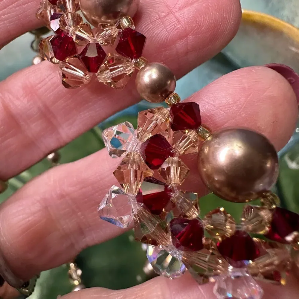 Handcrafted Gold & Garnett Color Beaded Crystal Necklace 16”